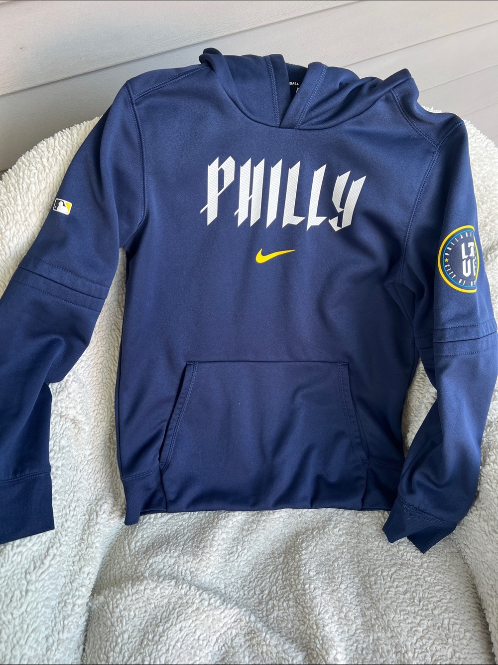 Kids Nike Navy Hoodie with White Philly Graphic and Yellow Swoosh